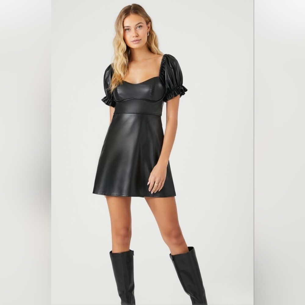 FOREVER 21 Faux Leather Puff Sleeve Mini Dress Black Medium